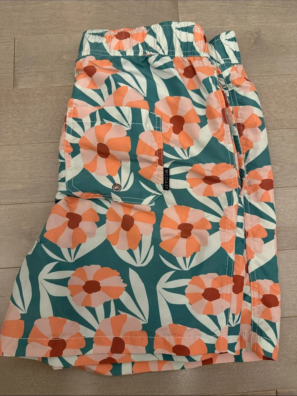 Men's Teal Floral Swim Trunks with Coral Print